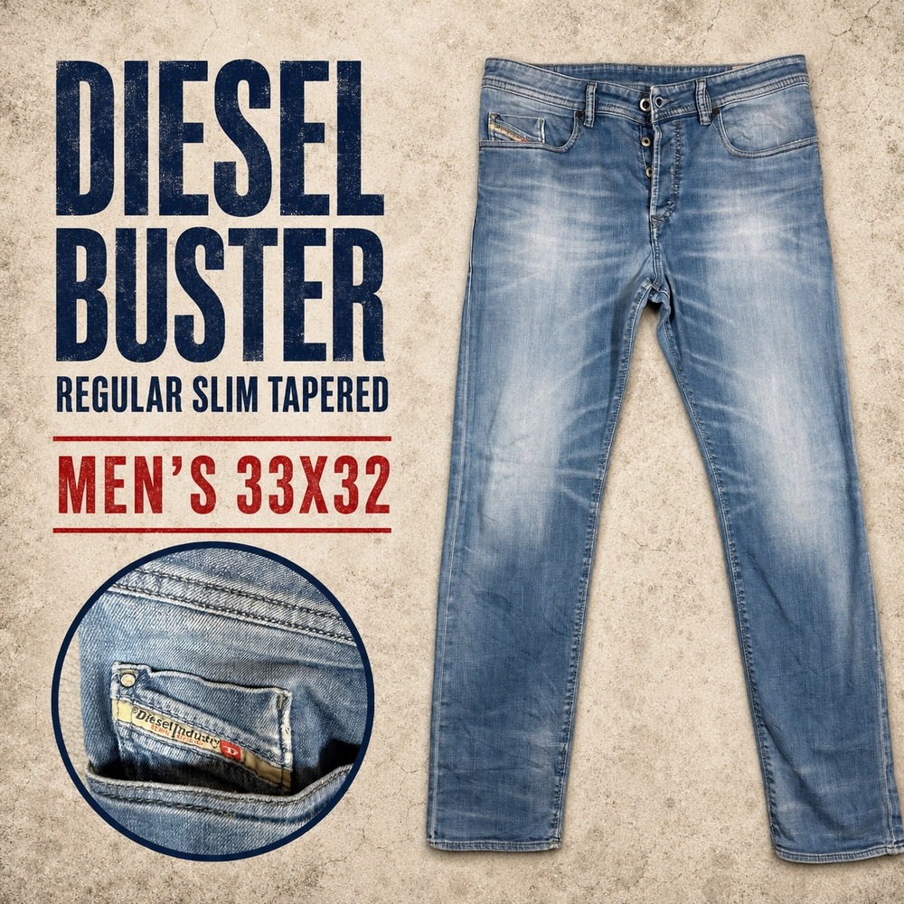 Diesel Buster Regular Slim Tapered Jeans Men 33x32 Light Wash Blue Stretch Denim